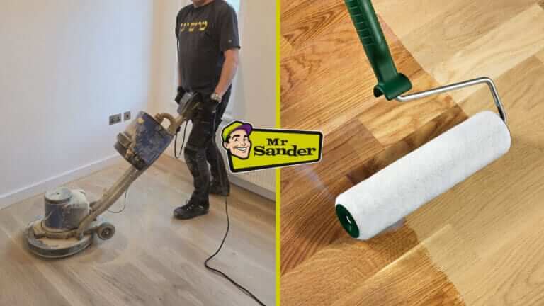 A split-image showing a professional floor refinisher using a sanding machine on the left and a paint roller applying a fresh coat of finish on the right.