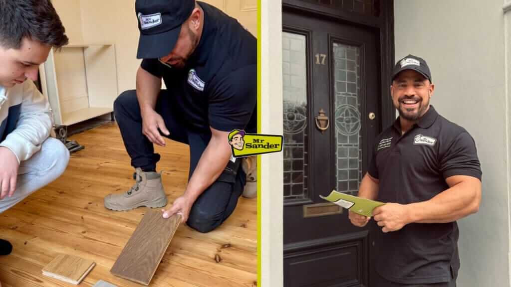 A two-part image featuring a professional from Mr Sander assisting a client with wooden floor samples on the left and the same professional smiling outside a client's door holding a project folder on the right.