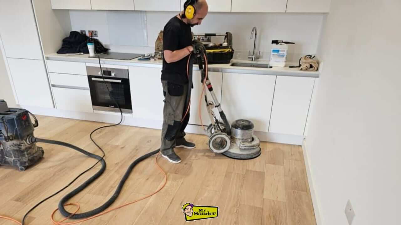 Professional floor sanding of an oak kitchen floor in Laleham TW18, featuring a Bona FlexiSand machine and a satin lacquer finish.