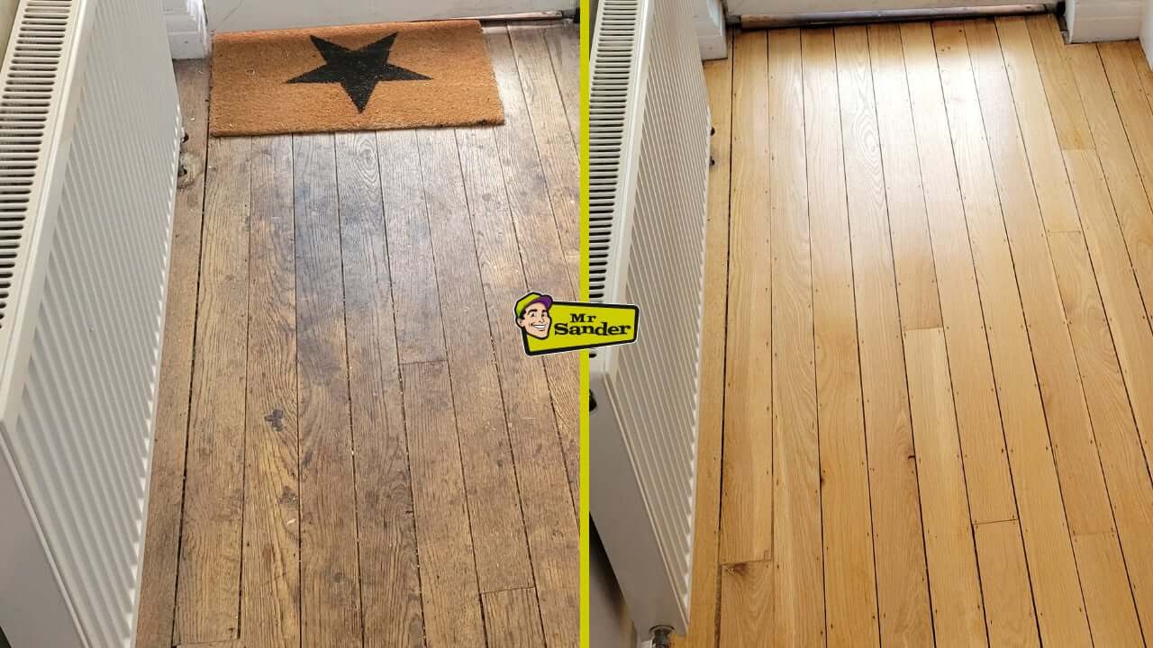 Before-and-after image showcasing a worn oak hardwood floor (left) that has been professionally sanded and refinished (right) by Mr Sander® in the UK, resulting in a fresh, warm natural oak finish.