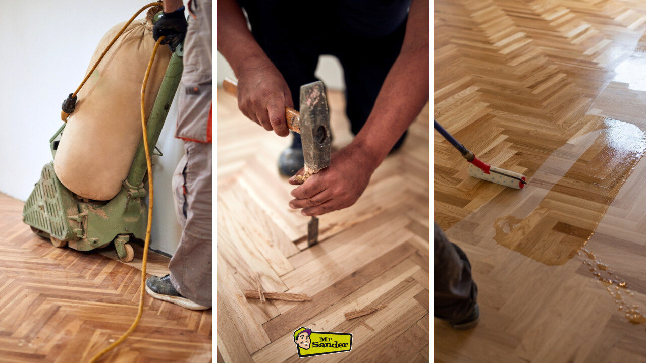 A three-image collage showing key steps in parquet floor sanding and refinishing: an industrial sander removing old finishes, a worker repairing damaged planks with a hammer and chisel, and a finishing coat being applied to the newly sanded surface.
