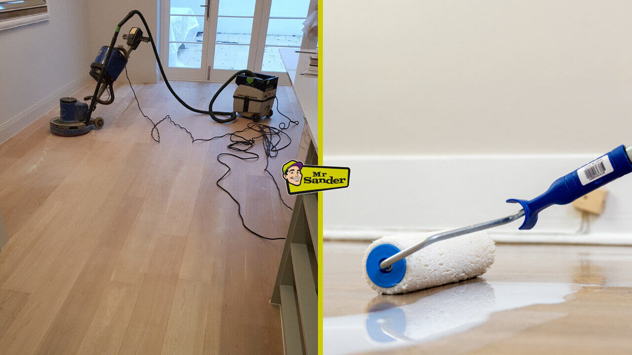 Whitewashing Floors process by Mr Sander, showing sanding preparation and whitewash application with a roller.