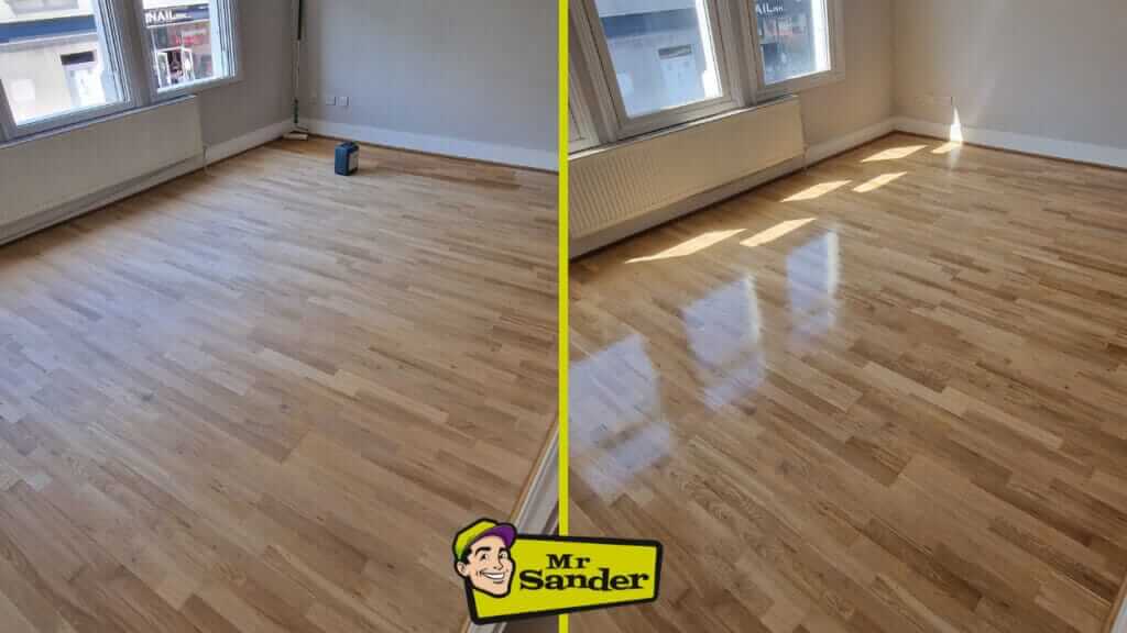 A before and after comparison of a light oak hardwood floor in a bright room. The left side shows the floor in its unfinished state, while the right side displays the same floor after being sanded and refinished, with a glossy surface reflecting the sunlight from the windows. The transformation highlights the natural grain and beauty of the wood. The Mr. Sander® logo is placed at the bottom center of the image.