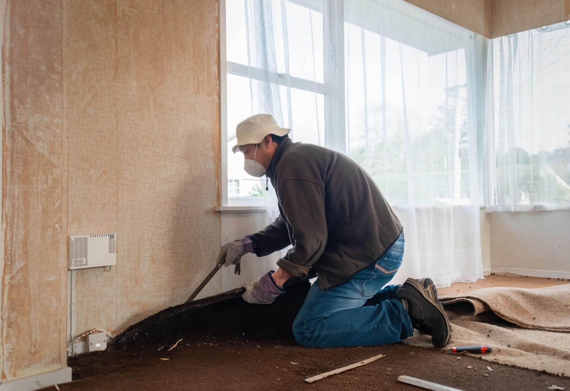 A man wearing a dust mask and gloves uses a pry bar to remove worn carpet from a living room floor.