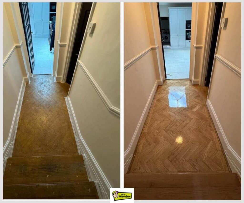 Before and after image of a narrow hallway with wooden herringbone parquet flooring. The left side shows a dull, worn-out floor before sanding, while the right side displays the same floor after refinishing, with a glossy, polished surface reflecting light. The floor restoration was done by Mr Sander®.