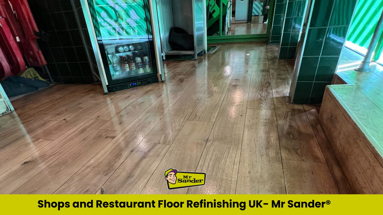 Refinished high-traffic oak flooring in a UK retail interior, displaying a glossy finish achieved by Mr Sander®.