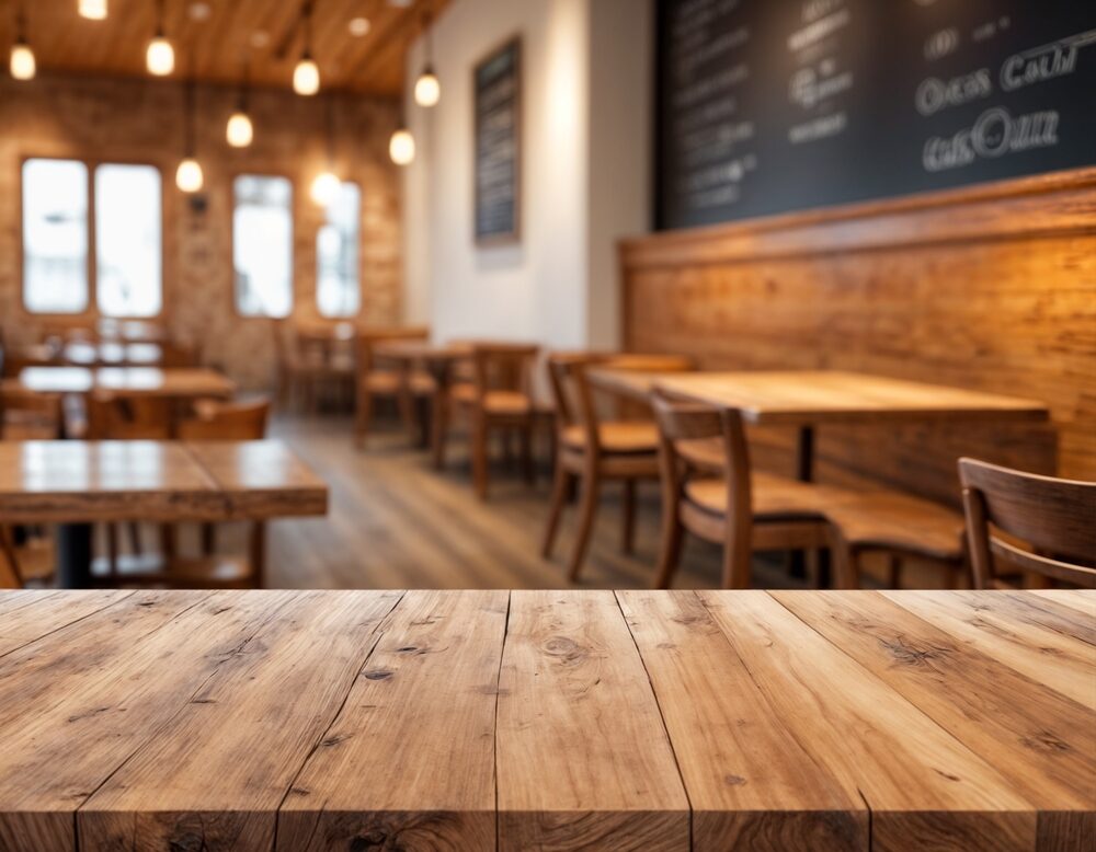 A warm, blurred interior of a UK restaurant with tables and chairs, showcasing freshly refinished high-traffic wooden floors.