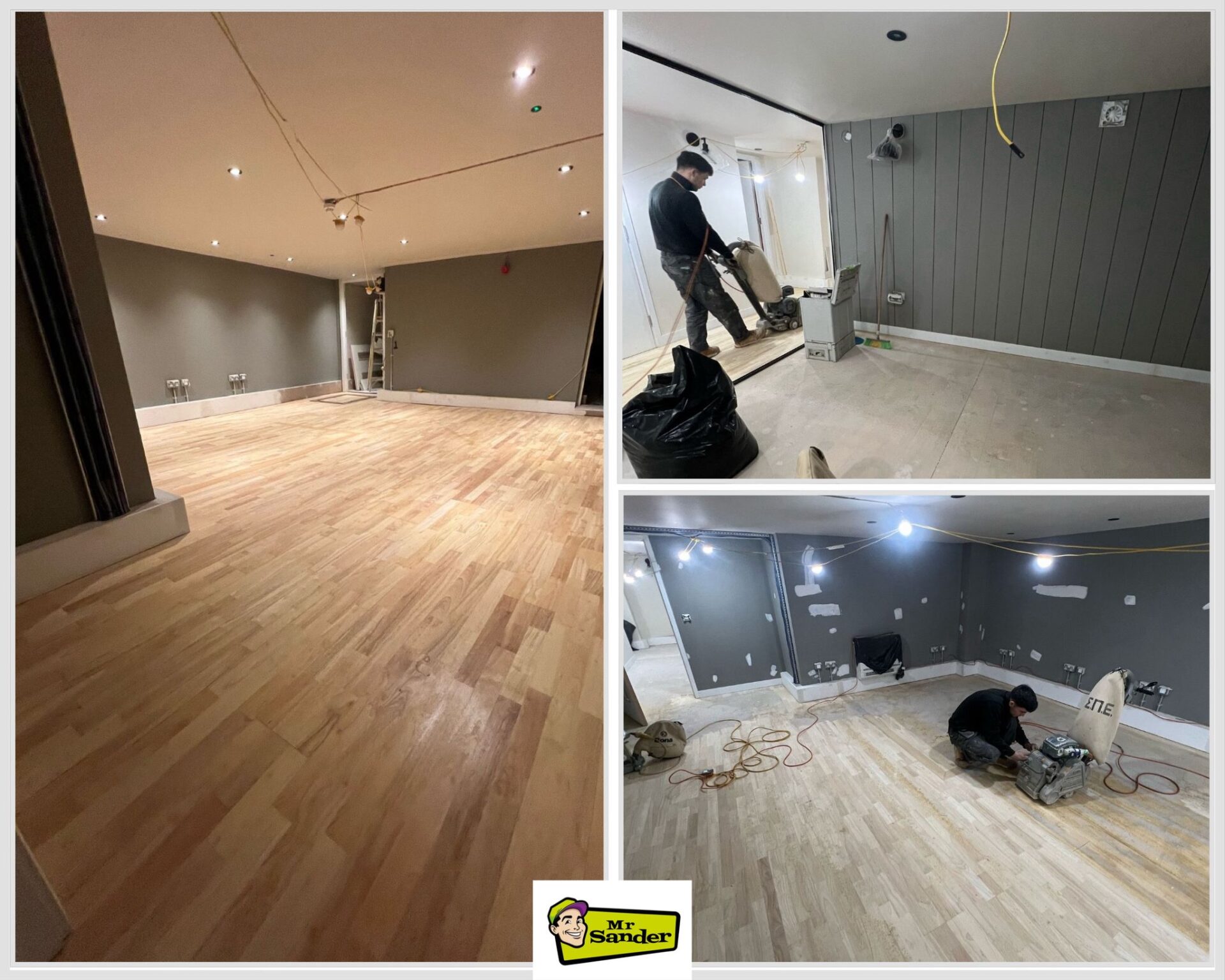 Mr Sander® refinishing high-traffic maple wooden floors in a UK commercial space, showing the sanding and restoration process for a clean, modern finish.