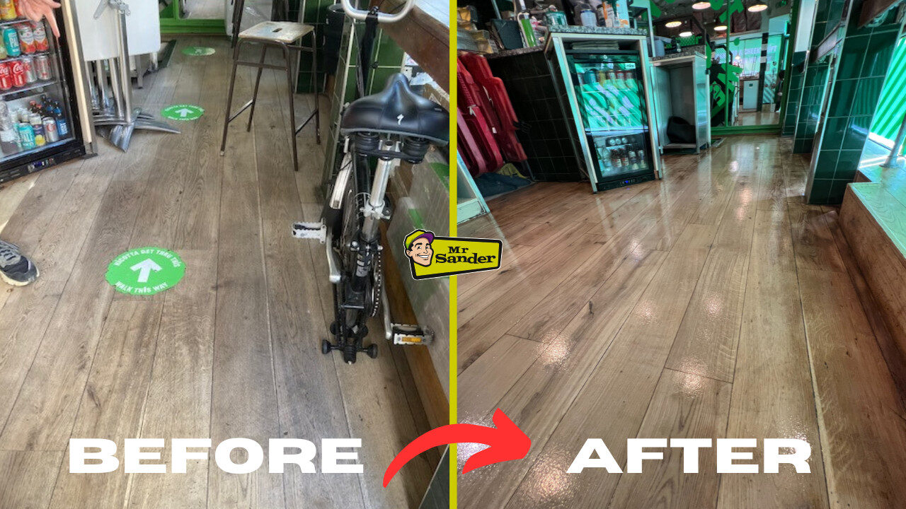 Before-and-after comparison of oak flooring in a UK commercial shop, showing the transformative refinishing process by Mr Sander® for high-traffic wooden floors.