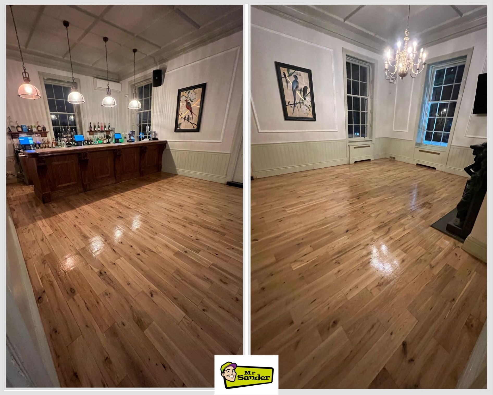 Refinished high-traffic pine wood floors in a UK commercial bar, showcasing a glossy, revitalised surface by Mr Sander®.