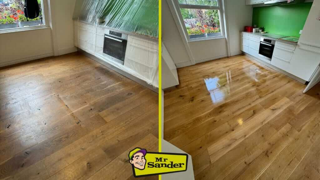 Two images showing the before and after of a floor sanding and refinishing project by Mr Sander®. The left image depicts a room with a worn, dull wooden floor. The right image shows the same room after sanding and refinishing, with a glossy, revitalized wooden floor that enhances the room's brightness.