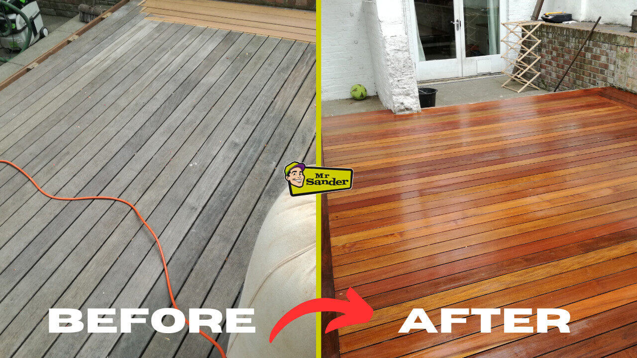 Grey, weathered deck boards on the left transitioning into a newly refinished, glossy wooden deck on the right, illustrating the dramatic transformation achieved through professional floor sanding for decks.
