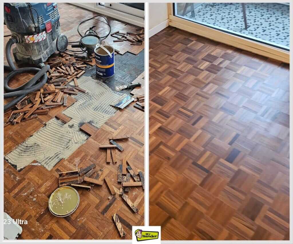 A side-by-side comparison of a wooden parquet floor repair process. The left image shows a damaged floor with adhesive applied and scattered wood pieces and tools, indicating active repair work. The right image shows the same floor after restoration, appearing smooth and polished. A Mr. Sander® logo is visible at the bottom.