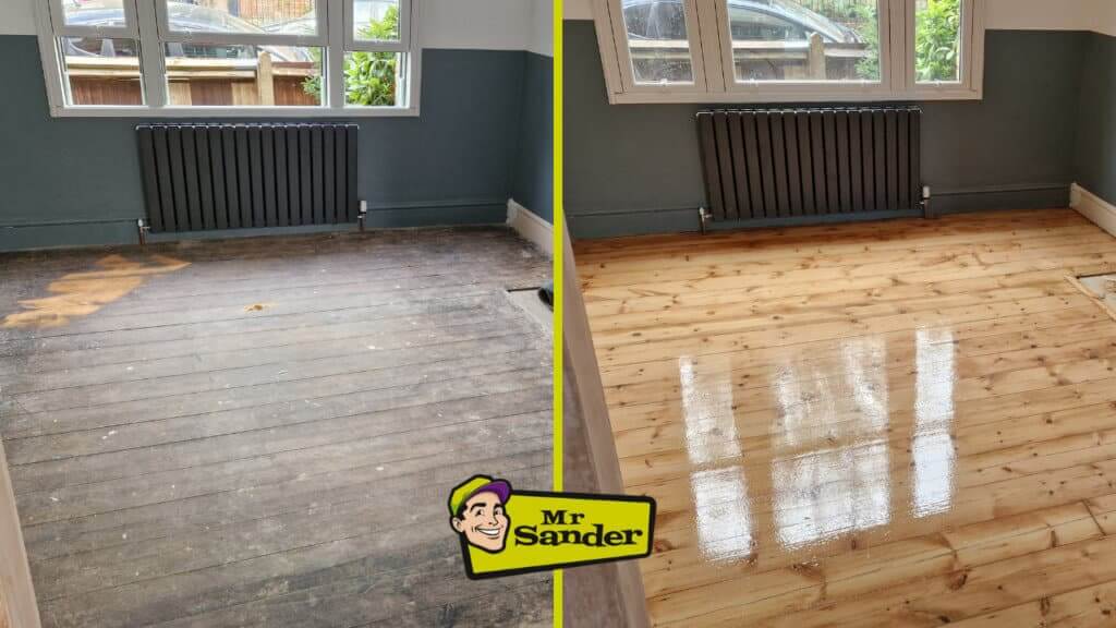 A side-by-side comparison of a wooden floor before and after restoration. On the left, the floor appears worn, dark, and in poor condition, with visible scratches and discoloration. On the right, the same floor has been completely restored, featuring a smooth, glossy finish that reflects light, showcasing the transformation. The Mr. Sander® logo is displayed at the bottom center.