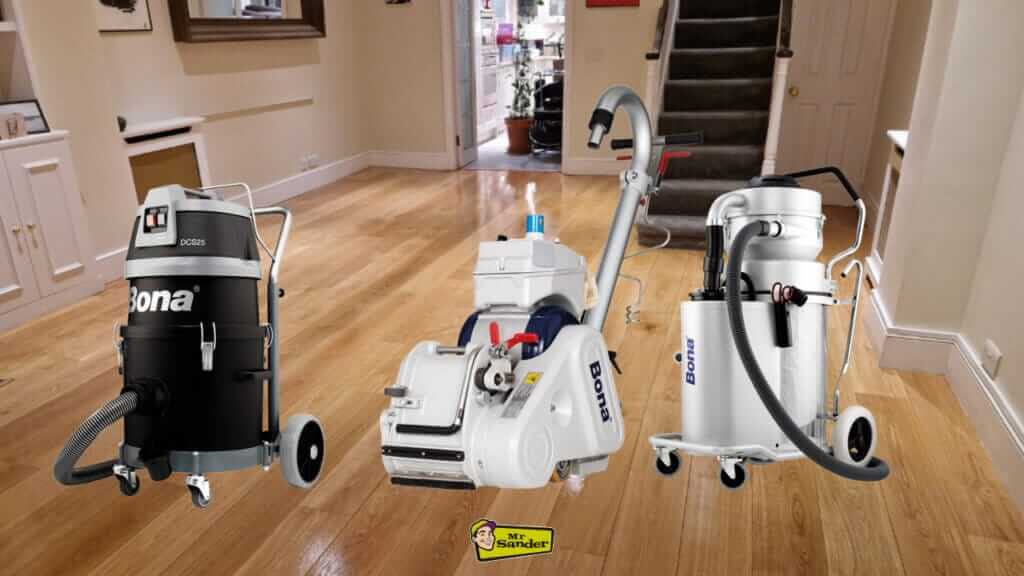 A home living room with newly refinished oak wood flooring, featuring three Bona dust containment machines used in Dust-Free Floor Sanding Systems.