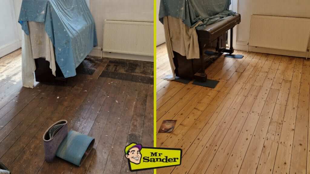 Before and after image of pine wood floor sanding and refinishing done by Mr Sander® in Rickmansworth, UK. The left side shows a dark, worn, and dirty floor, while the right side displays a clean, sanded, and polished light pine wood finish.