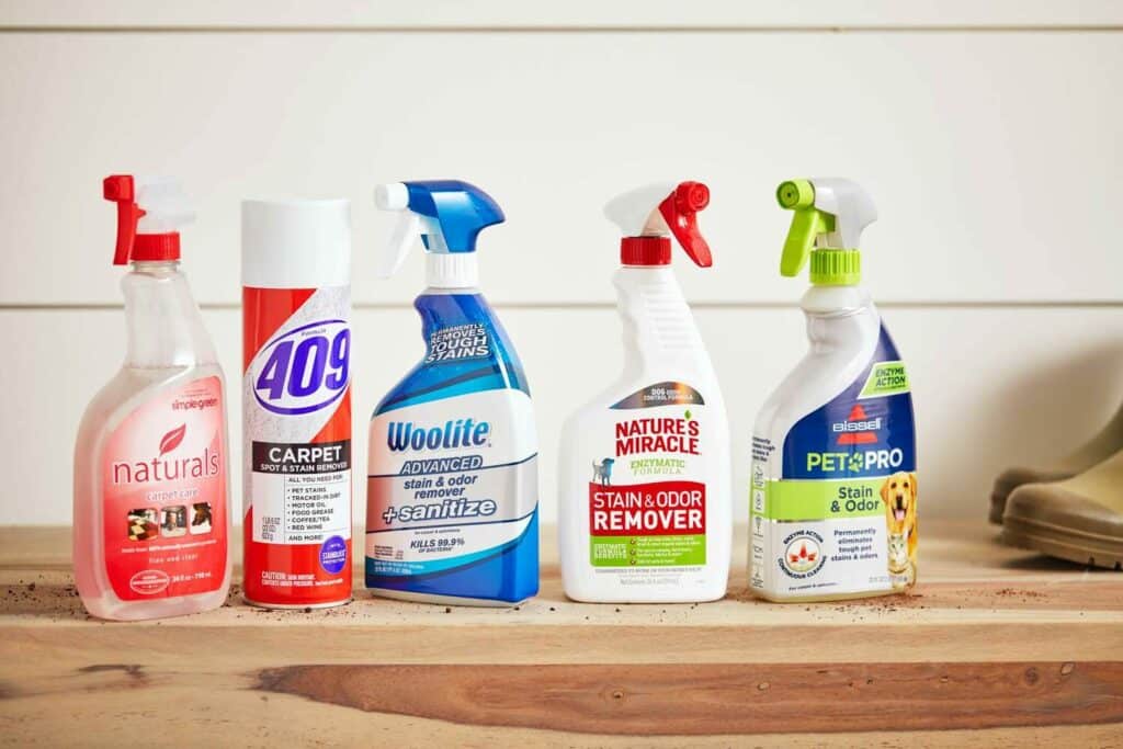 Assortment of stain and odor remover cleaning products on a wooden surface.