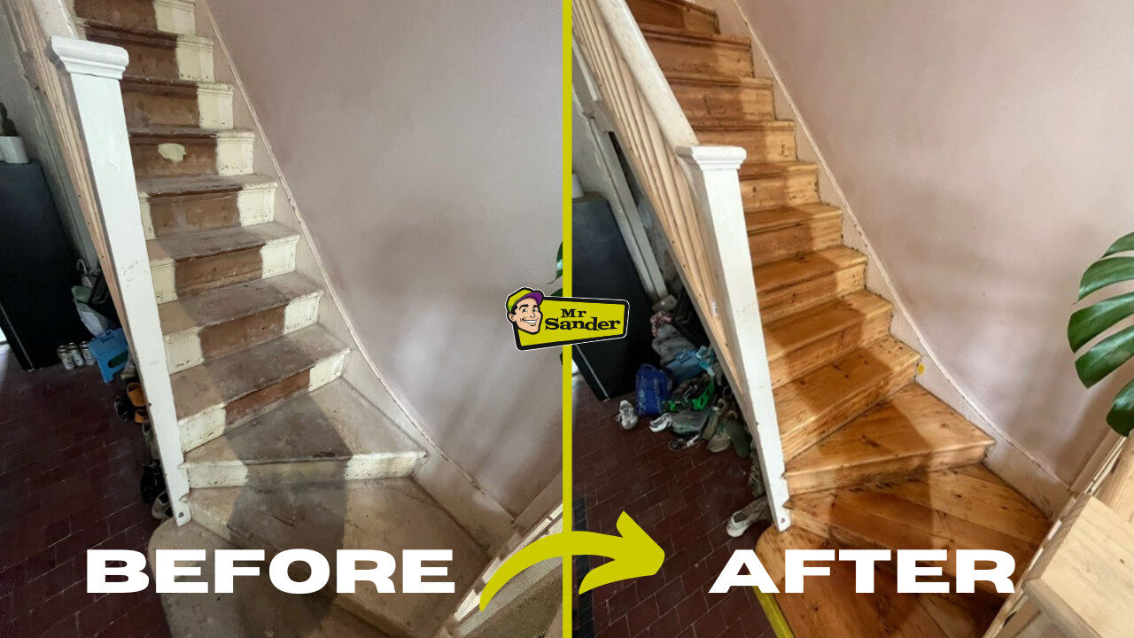Before-and-after view of Sanding Your Victorian Staircase: faded, paint-spotted treads transformed into warm, honey-toned period timber by Mr Sander®