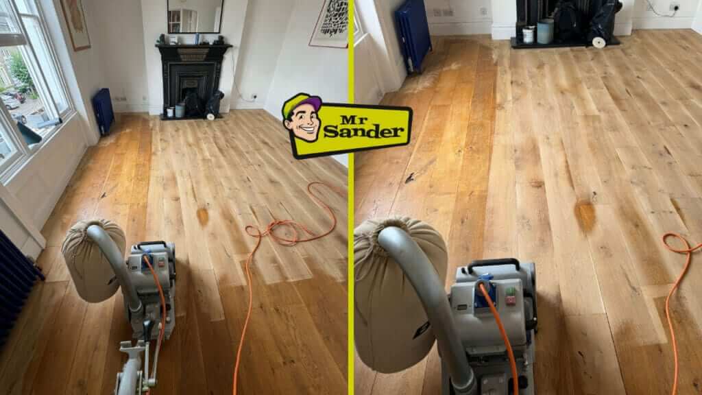 A room with wooden floors being sanded using a floor sanding machine. The left side of the floor appears dull and worn, while the right side shows a smoother, sanded surface. The room features a black fireplace, and the Mr. Sander® logo is prominently displayed at the top center. The image illustrates the process and effectiveness of floor sanding.