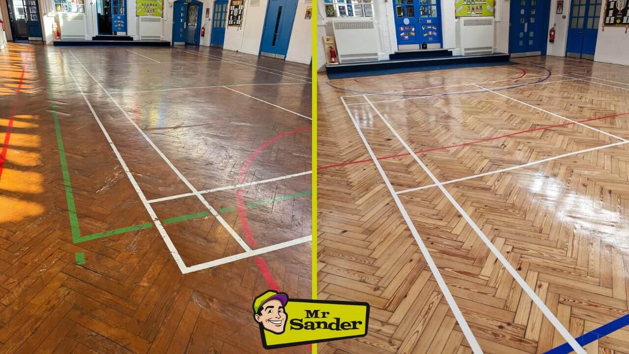 Before and after images of floor sanding and refinishing done by Mr. Sander in a school located in Park Royal, UK. The left side shows a worn herringbone parquet floor with faded sports court markings, while the right side shows the same floor restored with a fresh, glossy finish and vibrant sports markings. The area is a school gym or multi-purpose hall.