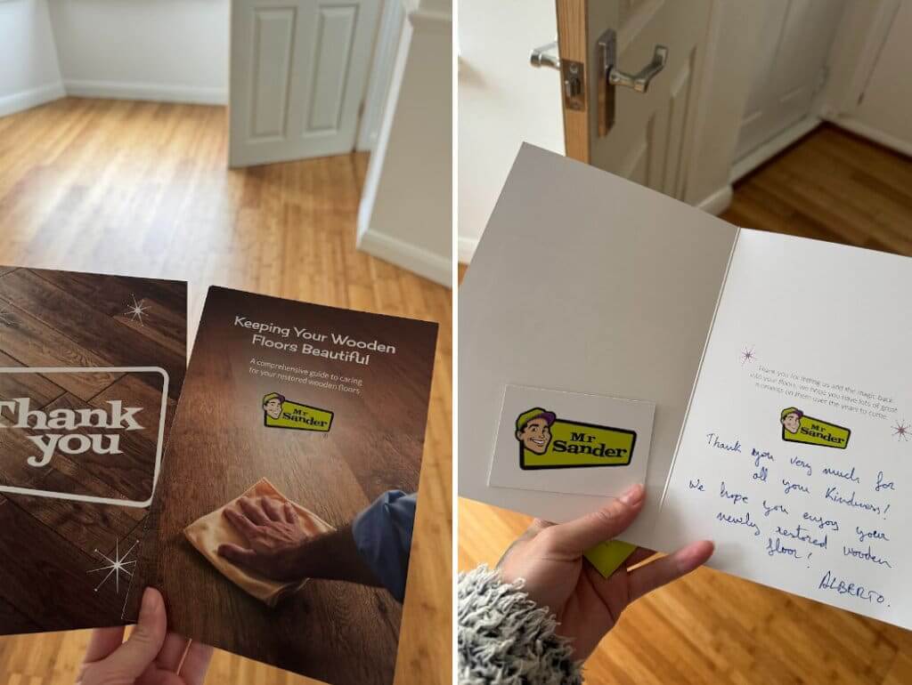 A proud Doune (FK16) client offering a thank-you card after flawless floor sanding and restoration by Mr Sander®️.