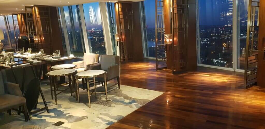 Restaurant floor at Shangri-La, The Shard, professionally sanded and sealed with 4 coats of Junckers HP Commercial lacquer in satin finish by Mr Sander®, delivering a durable and elegant result.