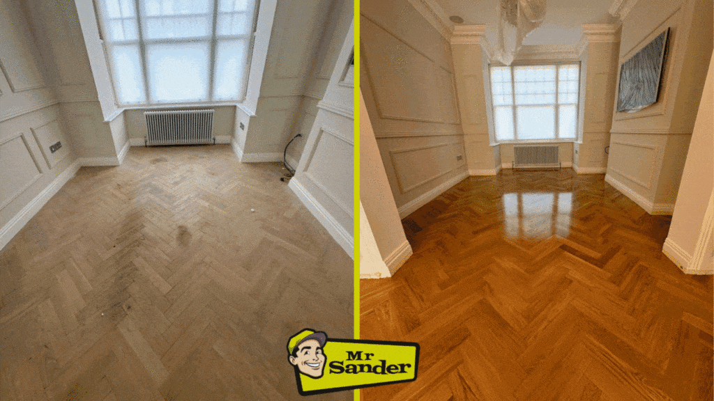 "Before and after images of a herringbone wooden floor in a room with large windows, showing the transformation from a dull, unfinished surface to a glossy, polished finish.