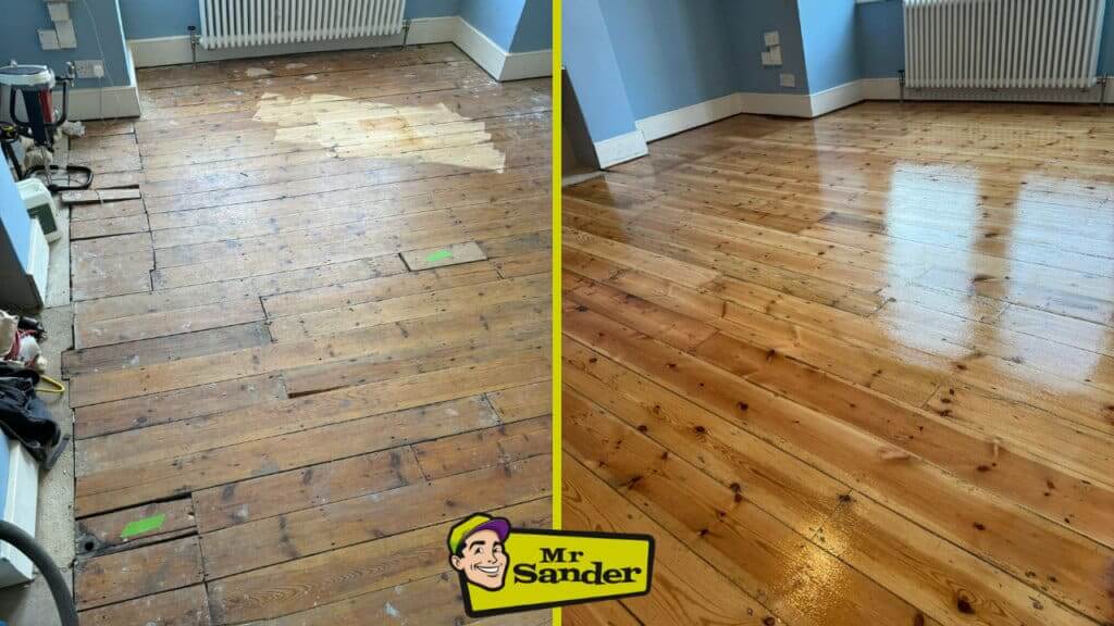 A side-by-side comparison showing a wooden floor before and after restoration. The left side shows the worn and damaged floorboards, while the right side displays the same floor beautifully refinished and polished to a high gloss by Mr Sander®.
