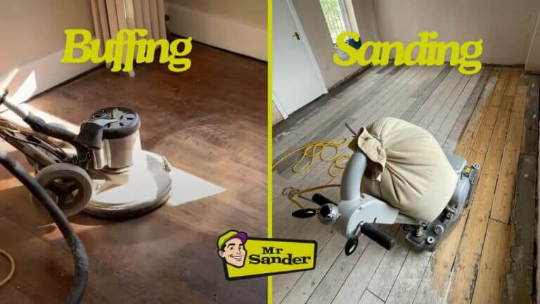 A professional from Mr Sander® is sanding a solid oak hardwood in a living room in, UK using a Bona Belt sander (AMO110000.3). The machine features a 2.2 kW motor, 230 V voltage, 50 Hz frequency, and a sanding belt size of 200 x 750 mm or 250 x 750 mm. The total weight is 74 kg.