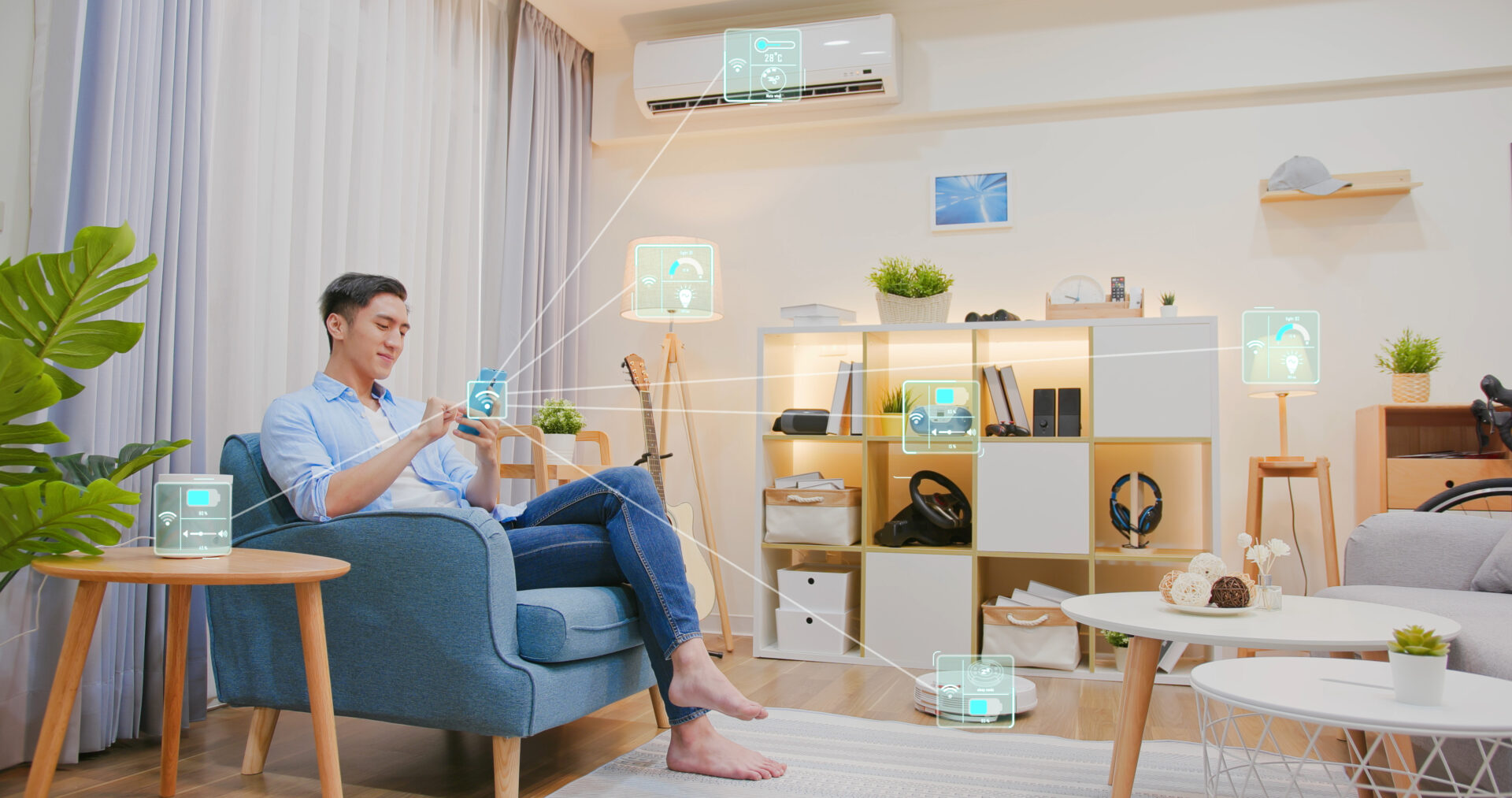 Homeowner uses smartphone to control smart devices in a connected living room with modern hardwood floor installation for smart homes.