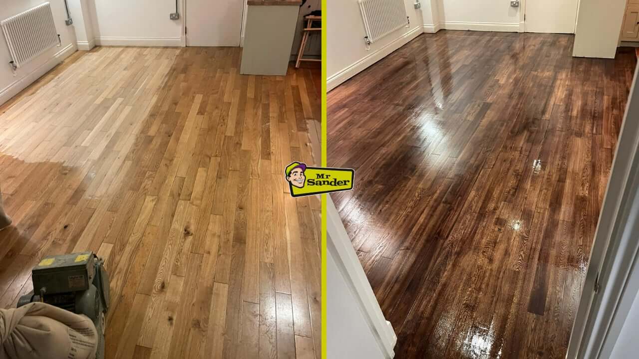 Before-and-after comparison of a solid oak floor, showing the original light oak finish on the left and a newly sanded and refinished dark walnut finish on the right, completed by Mr Sander® in the UK.