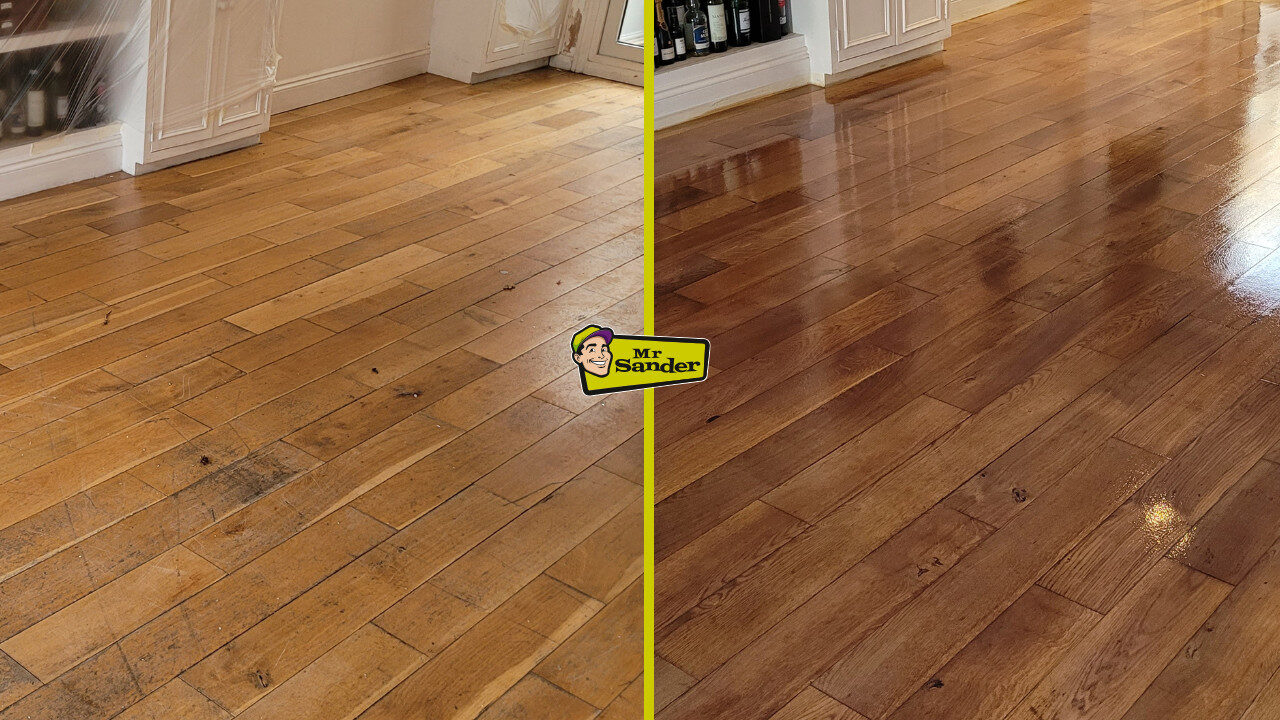 Before and after comparison of a solid oak wood floor with a golden-brown satin finish, showing the dramatic transformation achieved through floor sanding and repair.