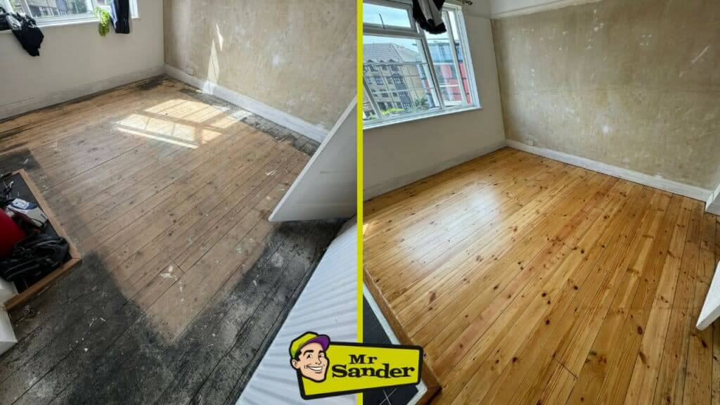 a room with wood floor and a window