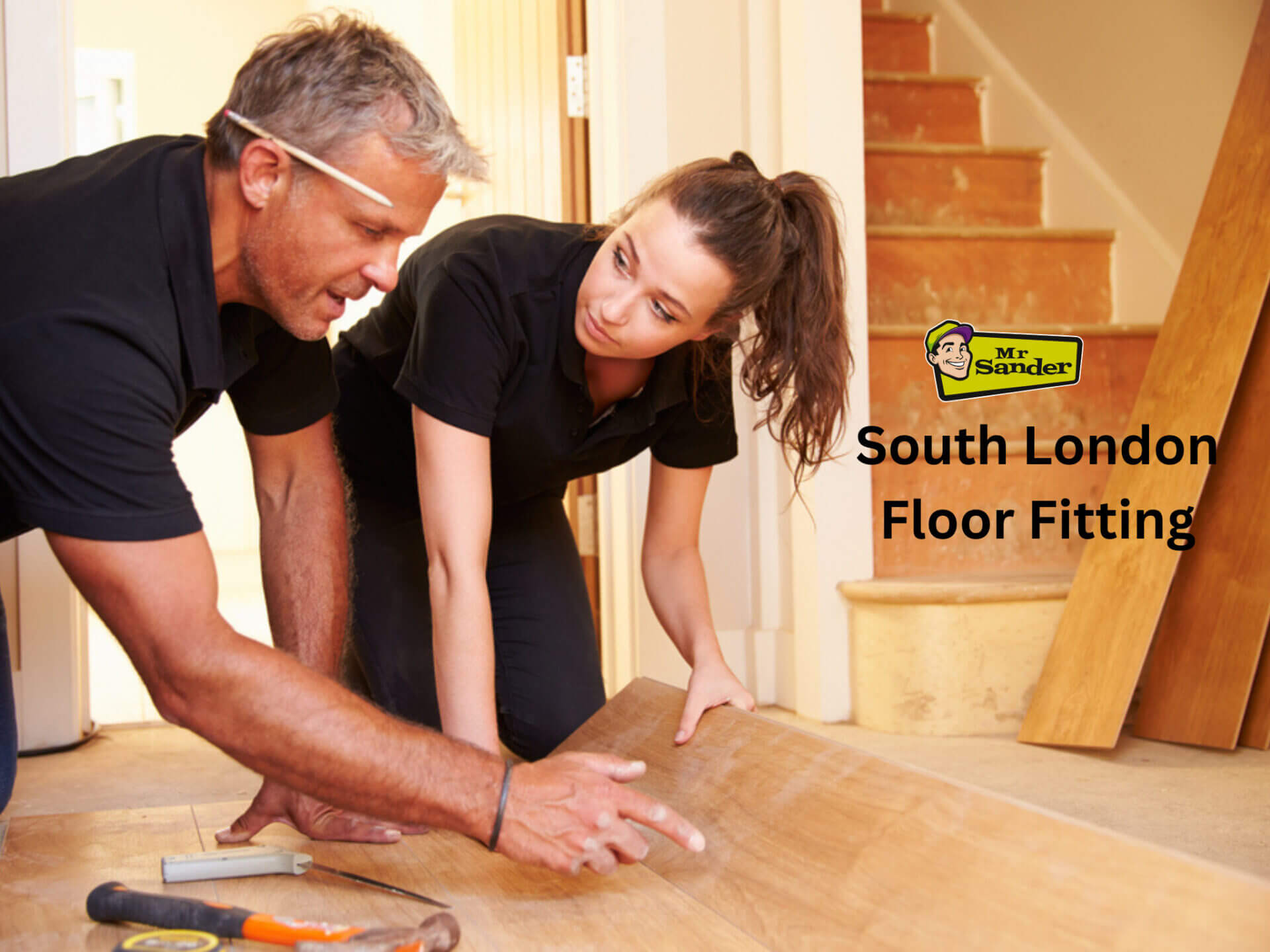 Two flooring professionals demonstrating precise wood plank alignment with the Mr Sander® logo and ‘South London Floor Fitting’ text displayed.