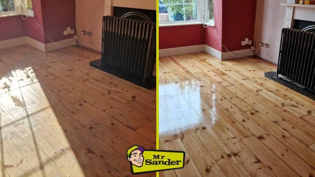 A before-and-after comparison of a living room floor in South Woodford. The left side shows the room with an untreated, bare pine floor, slightly worn and dusty, illuminated by natural light coming through the window. The right side showcases the same floor after it has been sanded and polished, revealing a smooth, glossy finish with enhanced natural grain and color. The Mr Sander® logo is visible at the bottom center of the image.
