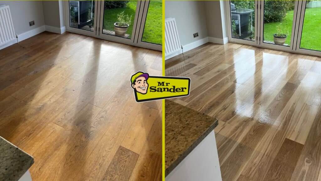 A before-and-after image of a hardwood floor refinished by Mr. Sander®. The left side shows the floor before refinishing, with visible scratches and dullness, while the right side shows the floor after refinishing, with a glossy and vibrant appearance.