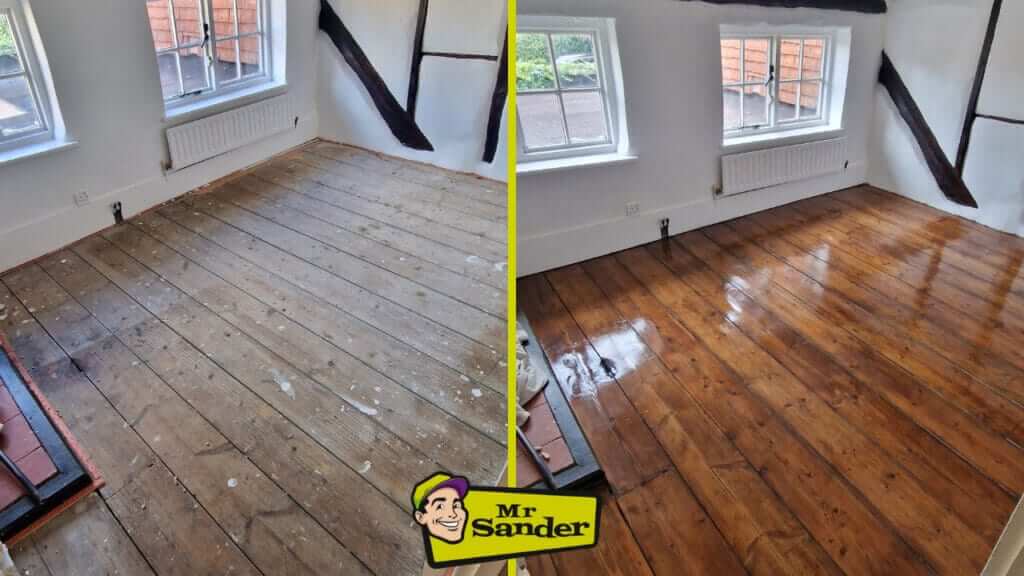 A side-by-side comparison of a wooden floor before and after sanding and refinishing by Mr. Sander®. The left side shows an untreated, worn pine floor with visible stains and scuff marks. The right side displays the same floor after restoration, now polished with a rich, glossy finish that enhances the natural grain of the wood. The room features exposed beams, white walls, and windows providing natural light.