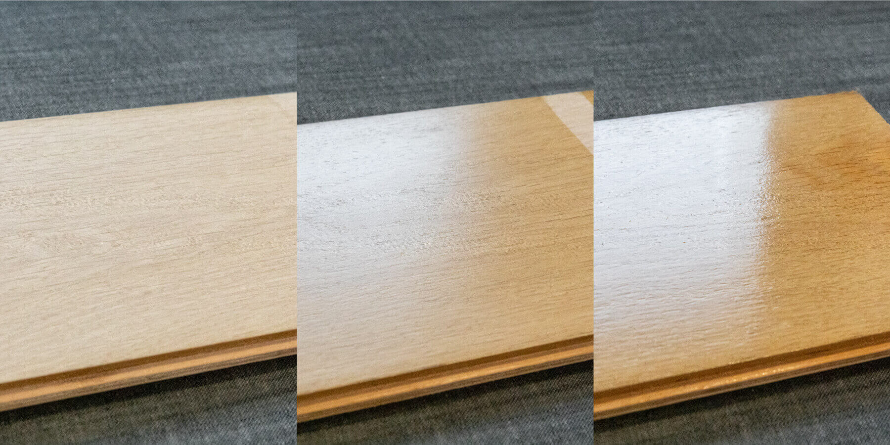 Three wooden floorboards placed side by side, each displaying different finish types: matte, satin, and glossy. The left board has a natural, non-reflective matte finish, the middle shows a slightly reflective satin finish, and the right displays a high-gloss, shiny finish.