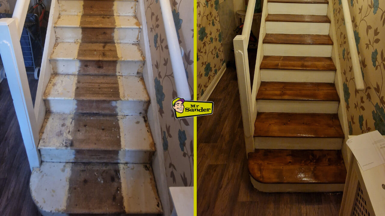 A side-by-side staircase transformation by Mr Sander in London, showing chipped paint and worn treads on the left, and freshly sanded, stained, and painted steps on the right.