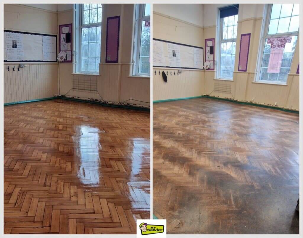 A before-and-after comparison of a herringbone parquet floor in a classroom. The left side shows the floor after restoration, gleaming with a polished finish, while the right side depicts the floor before sanding and refinishing, appearing dull and worn. The room features large windows and bulletin boards with educational posters.