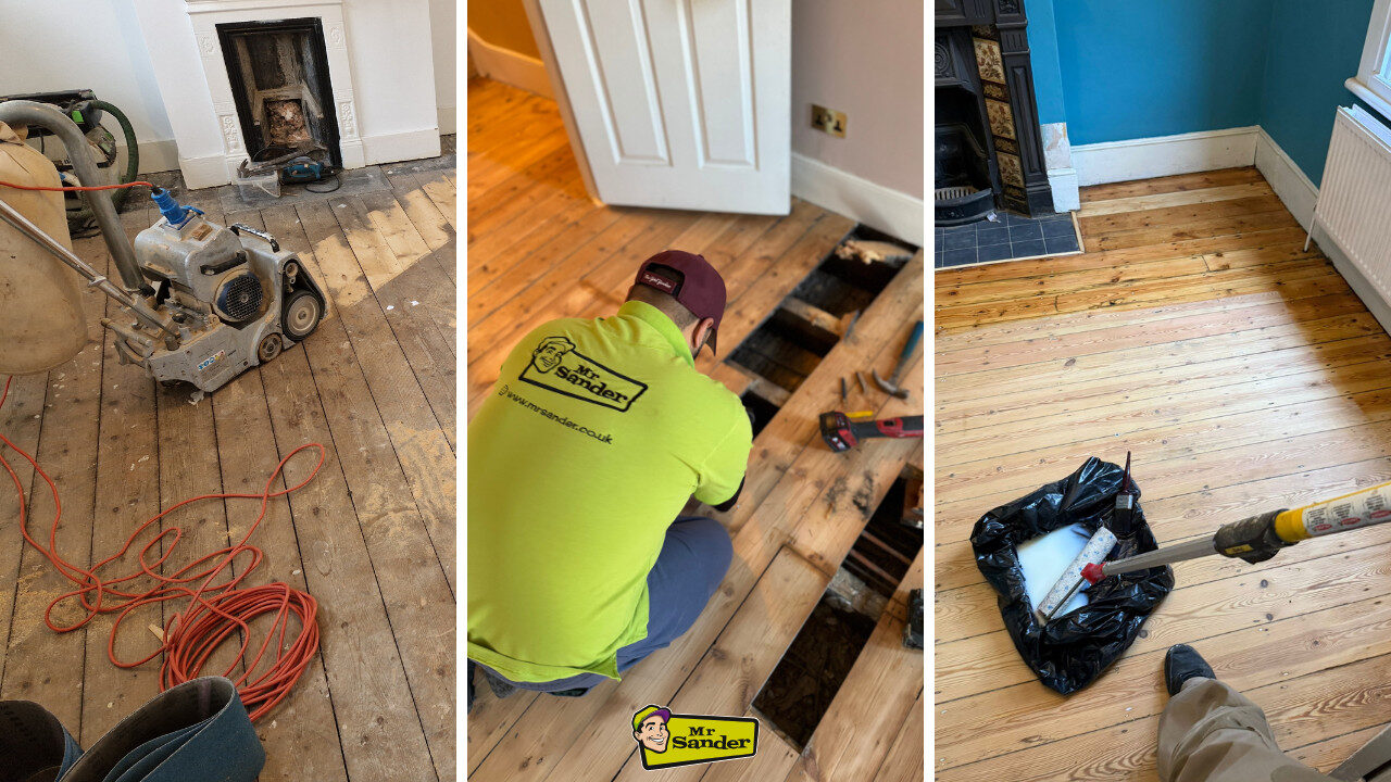 A three-part image collage showcasing the floor sanding and refinishing process: the first image shows an industrial sanding machine in use, the second features a technician repairing floorboards, and the third displays a newly finished wooden floor.