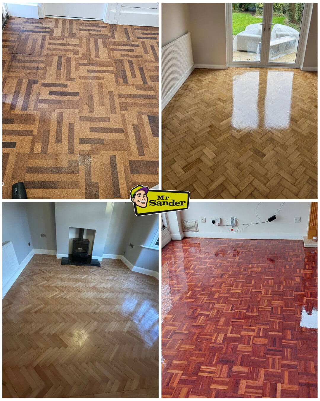 Collage of four different parquet floors, showcasing various patterns and finishes expertly completed by Mr Sander for Parquet Floor Fitting