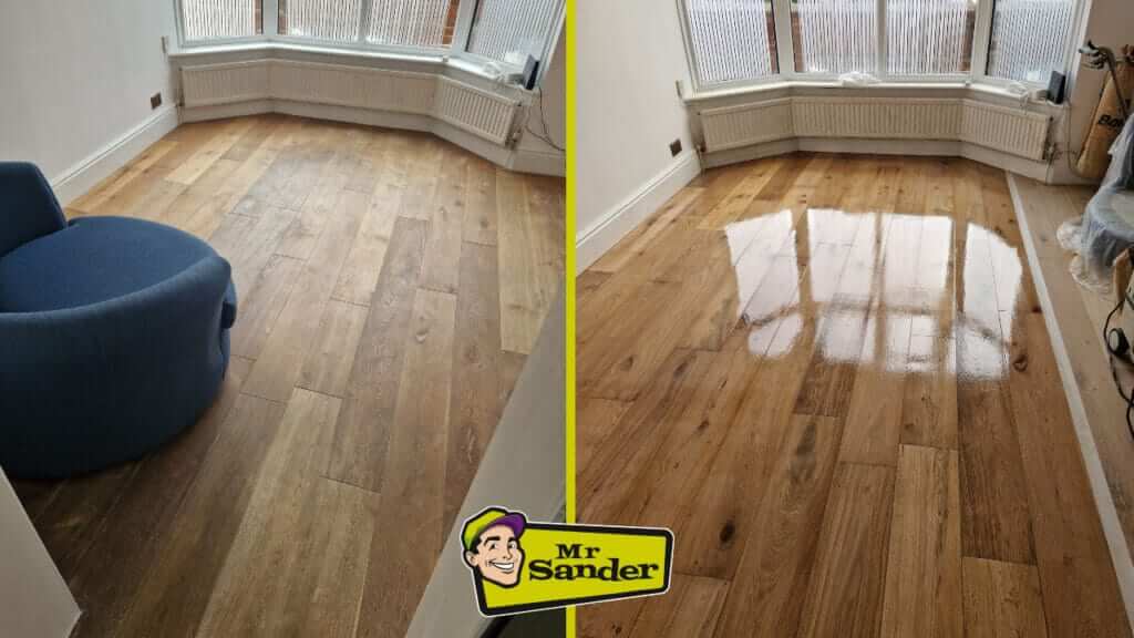 A before and after comparison of a hardwood floor sanded and refinished by Mr. Sander, showcasing a dramatic transformation from a dull surface to a glossy, polished finish.