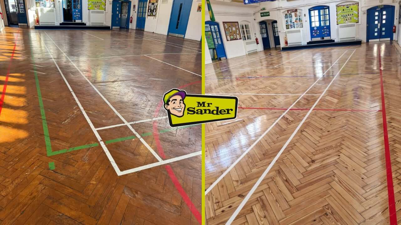 Gym and Sports Hall Floor Sanding Before and after comparison of a school gym floor restoration, showcasing worn parquet flooring transformed into a polished surface with vibrant game court markings.