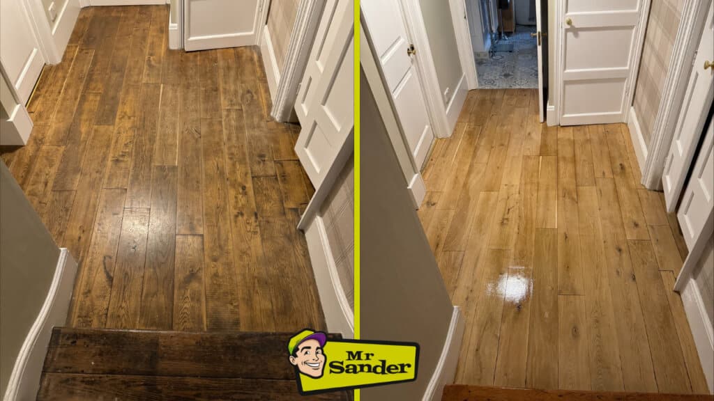 Before and after comparison of a wide plank oak hardwood floor in Surrey Docks, UK, showing the results of floor sanding and refinishing by Mr. Sander®.