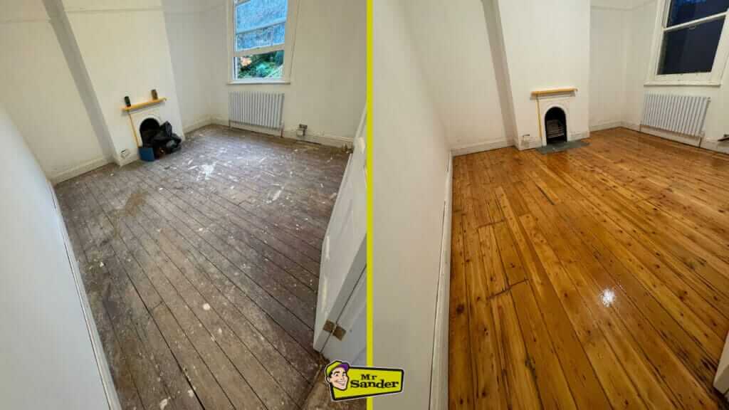 Before and after transformation of a wooden floor during Surrey floor sanding services by Mr Sander, showcasing beautifully restored pine floorboards with a smooth finish.