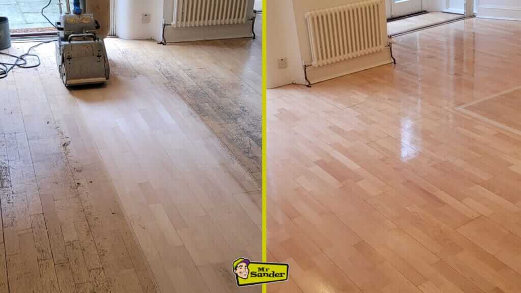 A before-and-after comparison of a wooden floor, showcasing the transformation from a worn, dull surface to a glossy, rejuvenated finish achieved through professional sanding and refinishing.