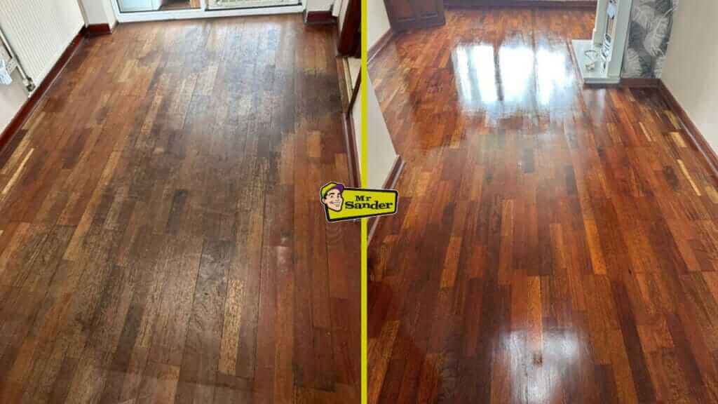 Side-by-side comparison showcasing a dull, worn hardwood floor on the left and a newly restored, glossy floor on the right, illustrating the dramatic results of Mr Sander’s professional floor refinishing services.