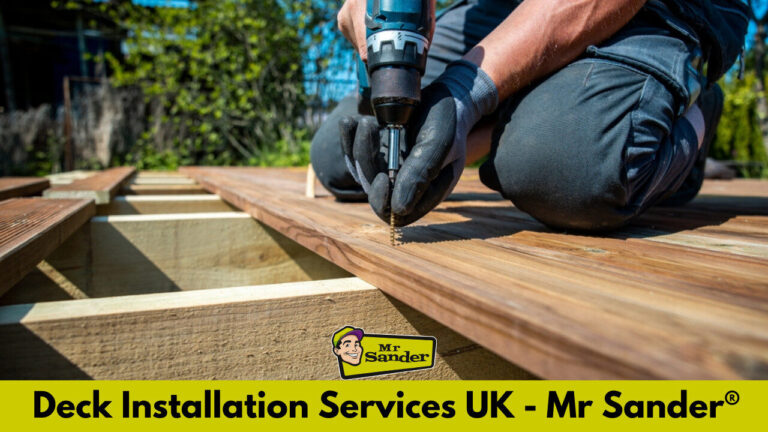 A professional installer in London fastening premium timber decking boards, demonstrating Mr Sander’s expert Floor Installation for Outdoors services in the UK.