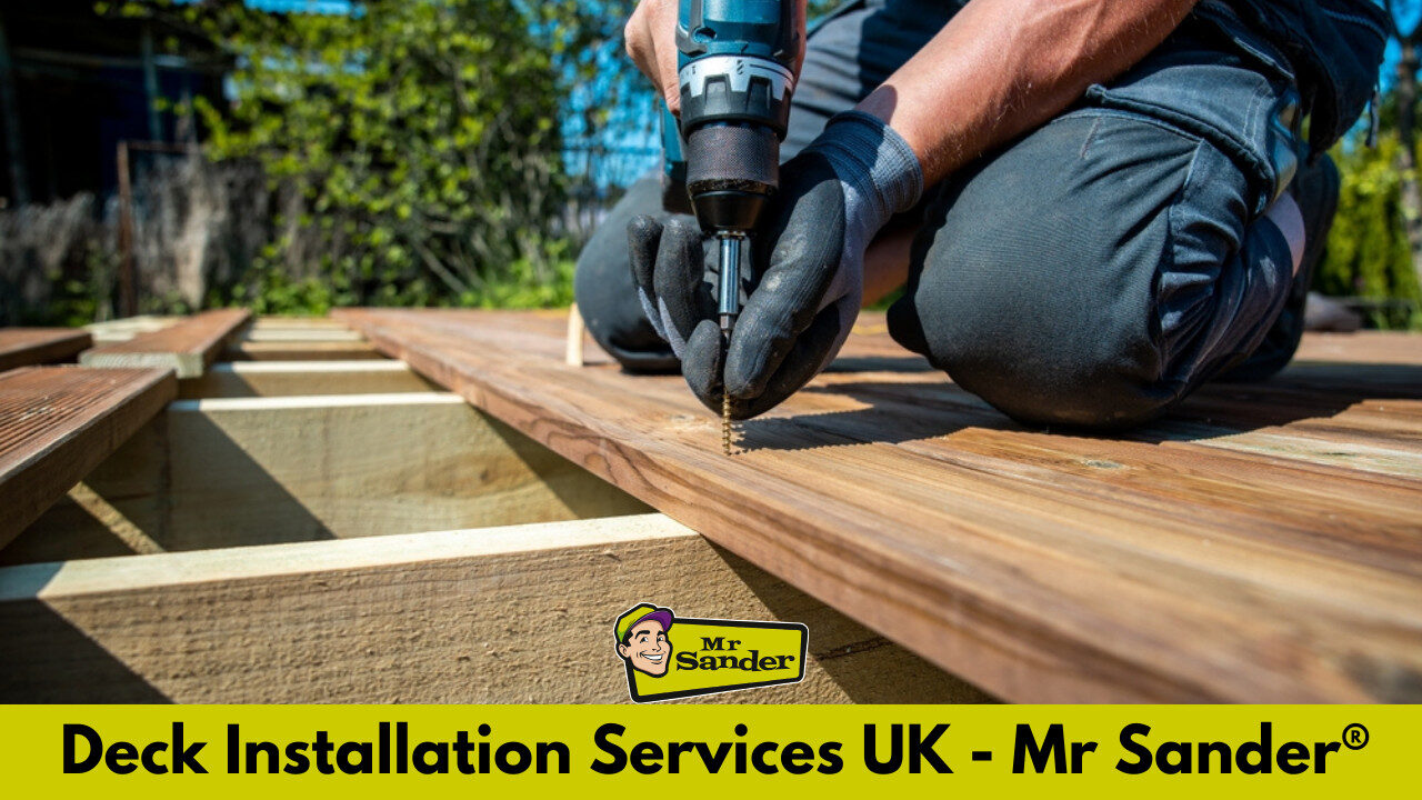 A professional installer in London fastening premium timber decking boards, demonstrating Mr Sander’s expert Floor Installation for Outdoors services in the UK.